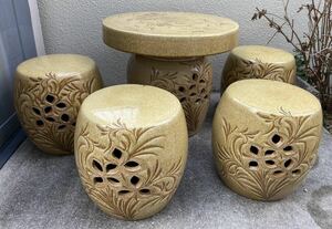陶器製ガーデンテーブル イス 庭 庭園 昭和レトロ 神戸市北区引取り限定