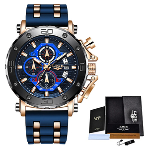 LIGE メンズ 腕時計 高品質 クオーツ カジュアル スポーツ シリコン バンド ウォッチ クロノグラフ 生活防水 時計 Rゴールド × ブルー S
