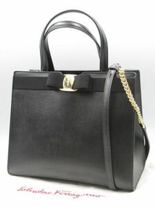 ◆良品 Salvatore Ferragamo サルヴァトーレ フェラガモ AU-21/1290 ヴァラリボン 2WAY ハンドバッグ レザー ブラック 黒系 ゴールド金具◆