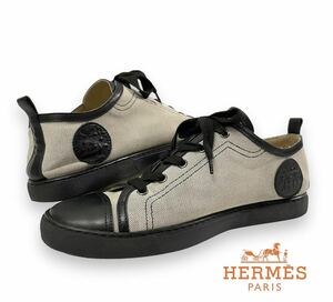HERMES エルメス レザーワッペン Hロゴ キャンバス レースアップ ローカット スニーカー シューズ ブラック イタリア製 正規品