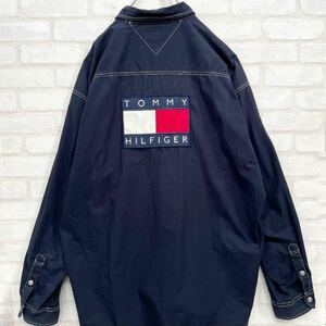 【最高デザイン】トミーヒルフィガー 90s ビッグロゴ ジップ シャツジャケット メンズ 大きいサイズ XXLサイズ TOMMY HILFIGER ネイビー