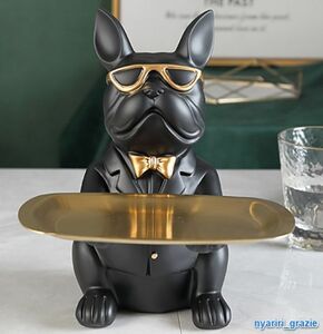 フレンチブルドッグ 彫刻 メガネ 黒 犬 テーブル ホームデコレーション おぼん 置物 送料無料 2