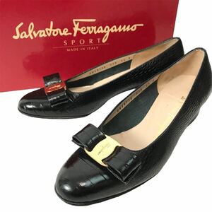 h315 Salvatore Ferragamo サルヴァトーレフェラガモ クロコレザー パンプス ハイヒール ヴァラリボン ブラック フォーマル6.5 正規品