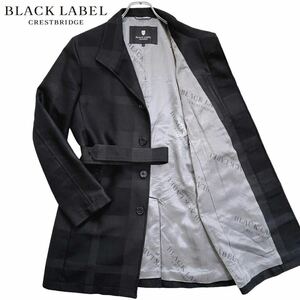 BLACK LABEL CRESTBRIDGE ブラックレーベルクレストブリッジ スタンドカラー ロングコート シャドーチェック ベルト付き ブラック Mサイズ