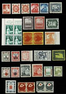 日本切手、未使用NH、満州・記念、年賀切手計32枚。大半NH、おおむね表はきれいです。第1回皇帝訪日、赤十字社創立、建国10周年など。
