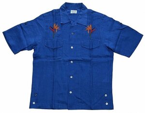 良品 紺系 PIG&ROOSTER ピッグ & ルースター 胸 刺繍 半袖 リネン 麻 アロハ シャツ ハワイアン シャツ
