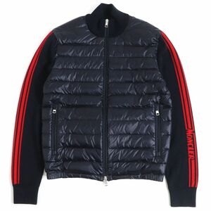 極美品□2019年製 MONCLER/モンクレール CARDIGAN TRICOT アームロゴ サイドライン ニット切替 ダウンジャケット ネイビー M 国内正規品