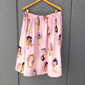 ハンドメイド ギャザースカート USAコットン アレキサンダーヘンリー 桃色ピンク ハート 電話 大きいサイズ ウエスト46cm 裾幅110cm 部屋着