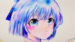 同人手描き東方イラスト「チルノ」A4　水彩　コピック　ラフ画付き