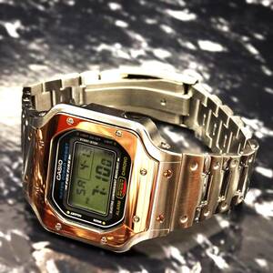 送料無料・新品・Gショックカスタム本体付きDW5600デジタル腕時計ステンレス製シャンパンゴールドツートンベゼル＆ベルト・フルメタルモデ