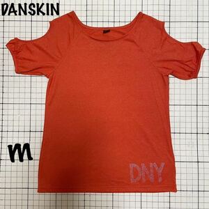 ダンスキン【DANSKIN】肩見せ 肩出し半袖カットソー Tシャツ トップス ヨガウェア レーヨン混 Mサイズ ラメ レッド/赤橙朱色 フィットネス