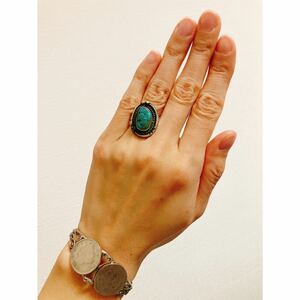 超希少!!VTG NAVAJO 1950’s BLUE TURQUOISE SILVER RING CLASSIC DESIGN USA ZUNIナバホビンテージクラシックターコイズシルバーリング9号