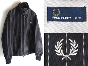 FRED PERRY フレッドペリー ローレルロゴ刺繍 ダブルジップ ピンストライプ柄 コットン ハリントンジャケット ブルゾン XS ブラック 黒 白