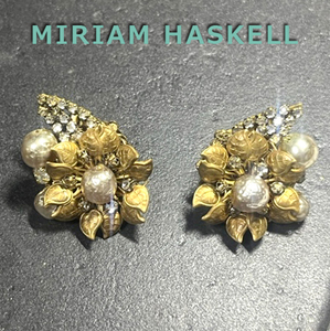 ミリアムハスケル◆金のさくら風花パールイヤリング：ヴィンテージコスチュームジュエリー Miriam Haskell