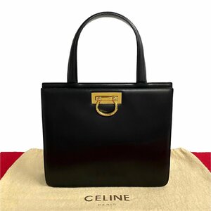 ほぼ未使用 CELINE セリーヌ ヴィンテージ ロゴ 金具 カーフレザー 本革 ハンドバッグ ミニ ワン ショルダーバッグ ブラック 赤張り 23418