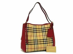 1円 ■美品■ BURBERRY バーバリー ノバチェック ナイロンキャンバス×レザー トートバッグ ショルダー ブラウン系×レッド系 AY1692