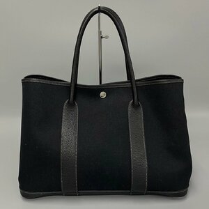 1円 極 美品 HERMES エルメス □I刻印 ガーデンパーティ PM トゴ レザー キャンバス トートバッグ ハンドバッグ A4収納可 ブラック 33684