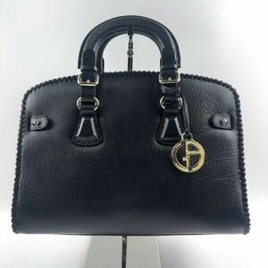 【希少デザイン 入手困難 美品】Giorgio Armani ジョルジオアルマーニ ハンドバッグ ロゴ金具 レザー 黒 ブラック ステッチデザイン