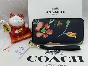 コーチ 長財布 COACH 財布 ネイビー系マルチ PVC フローラル プリント 花柄 ストラップ付き 母の日 贈り物 花柄 新品 未使用 C8694 C144Z