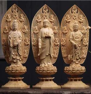 ☆在庫わずか 仏教美術 精密彫刻 仏像 手彫り 阿弥陀如来三尊立像 高さ約43cm 