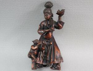 中國 時代物 紫泥彫親子恩情塑像 置物