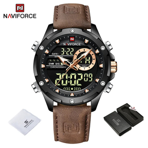 Naviforce メンズ クオーツ 腕時計 9208 高品質 カジュアル スポーツ クロノグラフ ウォッチ レザー バンド 時計 ブラック × ブラウン