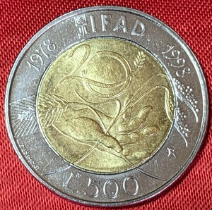 イタリア　500リラ複金属貨　1998年 　20周年記念貨　【極美品】　　玉ちゃんNo.2423
