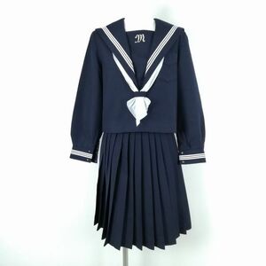 1円 セーラー服 スカート スカーフ 上下3点セット 指定 冬物 白3本線 女子 学生服 兵庫姫路南高校 紺 制服 中古 ランクC EY7747