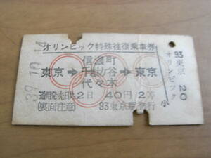 オリンピック特殊往復乗車券　東京→信濃町 千駄ヶ谷 代々木→東京　40円2等　昭和39年10月14日　東京駅発行　国鉄　東京オリンピック