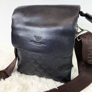 1円【入手困難】ジョルジオアルマーニ GIORGIO ARMANI ショルダーバッグ メンズ ビジネス レザー 本革 A4◎ 総柄 斜め掛け ロゴ 黒