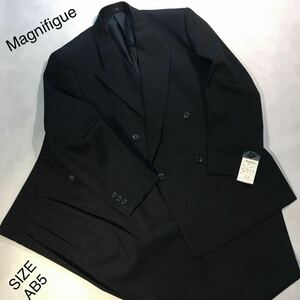 ★紳士服・工房★【決算セール】★新品★未使用Magnifigue/ダブル4ッ釦1掛けスーツ/シャドー織柄系/サイズAB5/上下セットアップ/黒ゆったり