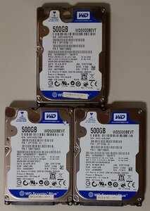 4212 2.5インチ内蔵SATAハードディスク 500GB WesternDigital WD5000BEVT-16A0RT0 3個まとめて 9.5mm 5400rpm 正常 19679/1678/50461時間