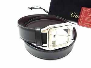 1円 ■極美品■ Cartier カルティエ サントス レザー リバーシブル シルバー金具 ベルト ビジネス メンズ ブラック系×ブラウン系 FC3898