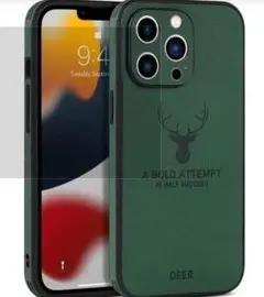 iPhone15promax　携帯ケース　鹿　グリーン　シンプル