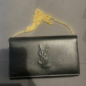 未使用級YVES SAINT LAURENT(イヴ・サンローラン) チェーンウォレット ショルダーバッグ クラッチバッグ 2WAYカーフブラック黒ゴールド金具