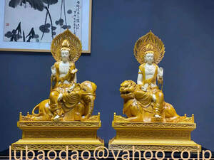 新作 文殊菩薩 普賢菩薩 座像 一式 仏教美術品　香樟材　木彫仏教　精密彫刻 仏師で仕上げ品 特大高70cm 