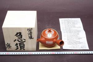 3357 新品未使用品 常滑焼 鯉江廣 玲光窯 朱泥 引き模様 横手急須 緻密模様 茶注 煎茶道具 木箱 栞付 