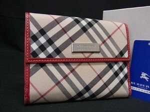 1円 ■美品■ BURBERRY バーバリーブルーレーベル ナイロン×レザー チェック柄 二つ折り 財布 ウォレット レディース ベージュ系 FA2579