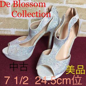 【売り切り!送料無料!】A-148 De Blossom Collection!オープントゥパンプス!7 1/2 24.5cm位!シルバー!ラメ!ストーン!ビジュー!中古!