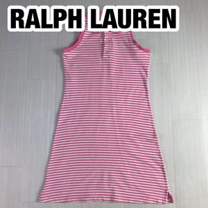 RALPH LAUREN ラルフローレン ワンピース L ピンク×ホワイト ボーダー柄 ノースリーブ ミニ 膝丈 刺繍ポニー
