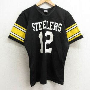 XL/古着 ローリングス 半袖 ビンテージ フットボール Tシャツ メンズ 80s NFL ピッツバーグスティーラーズ 12 Vネック 黒他 ブラック アメ