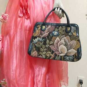 (美品)ROSSINI MADEINITALY 本革使用 ロゴ入り 花柄ゴブラン織りの素敵なハンドバッグ 25×35×8㎝☆★自己紹介を一読お願い申し上げます！