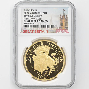 2024 英国 テューダー朝の紋章の獣コレクション シーモアのユニコーン 200ポンド 金貨 2オンス プルーフ NGC PF 70 UC FDOI 最高鑑定