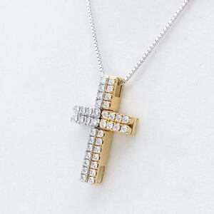 【送料無料】タサキ 田崎真珠 TASAKI K18YG/WG クロス バー 2WAY ネックレス ダイヤモンド0.64ct（0.32ct×2）★新品仕上げ済