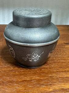 錫半　錫製 茶壷 茶筒 煎茶道具 茶壺 茶入 重さ:341g 鳳凰　唐草紋