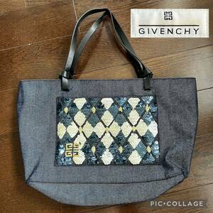 U■GIVENCHY ジバンシー レディース トートバッグ ハンドバッグ デニム地 スパンコール ロゴマーク コットン100% ジバンシイ 紺色