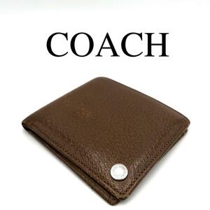 COACH コーチ 折り財布 ワンポイントロゴ ロゴプレート ブラウン系 レザー