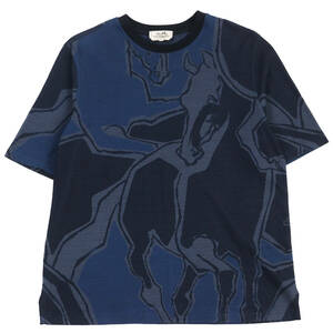 美品●HERMES エルメス 21SS Dance of Horses Light 鹿の子生地 ニットソー 半袖Ｔシャツ ブルー系 M イタリア製 正規品 メンズ