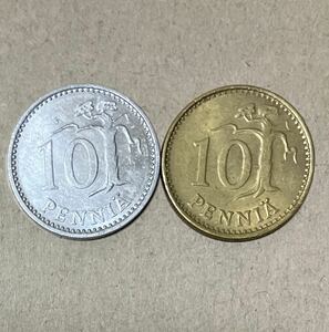 フィンランド　10ペンニ　2枚　外国コイン　フィンランドコイン　1980年　1985年　古銭　外国銭
