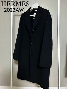 HERMES★2023AW★新作★カシミア100%★黒チェスターコート★セリエロゴボタン★美品